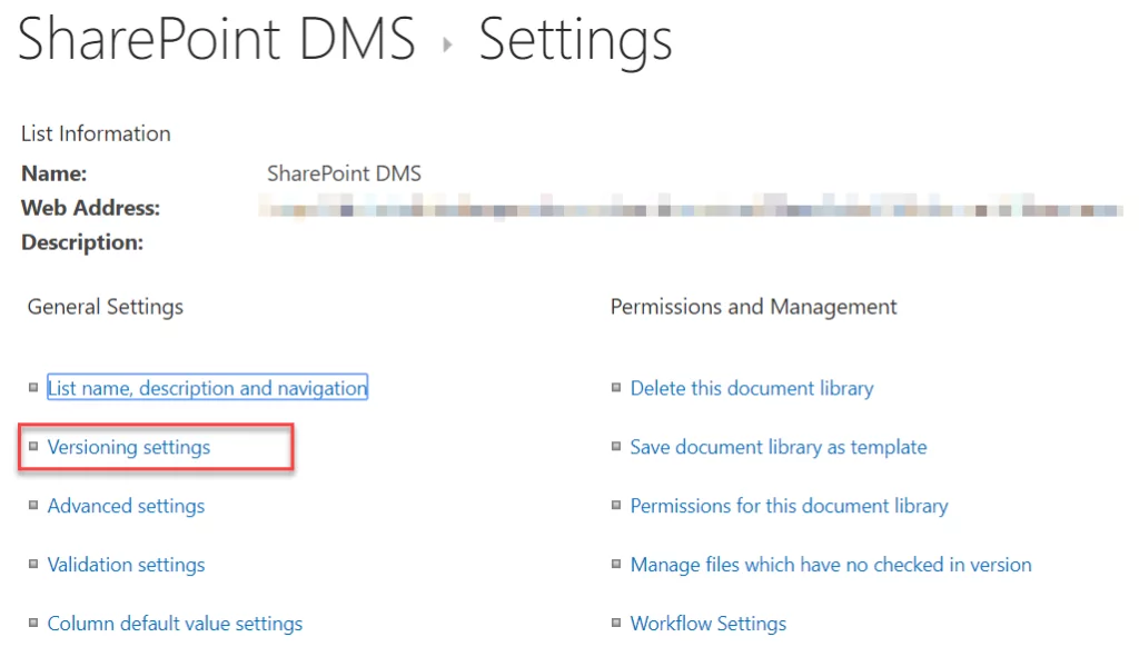 Infographics show DMS Versioning Settings