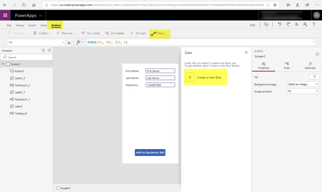 Infographics show the click on Create a new flow - Power Apps using the Microsoft Flow