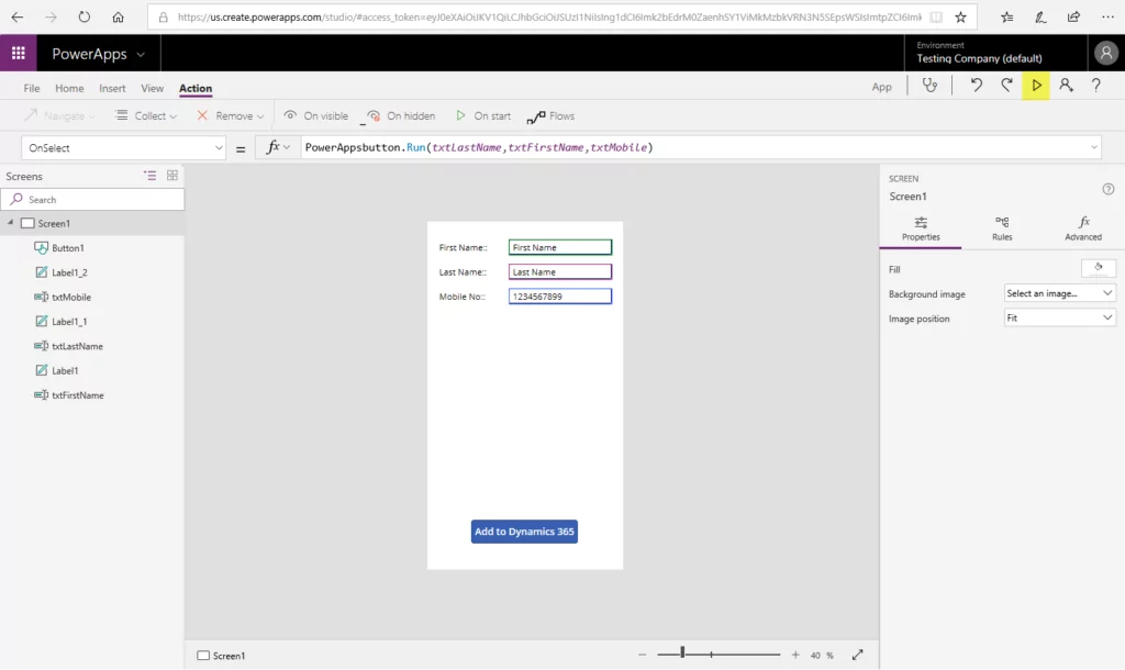 Infographics show the PowerApps to test run button