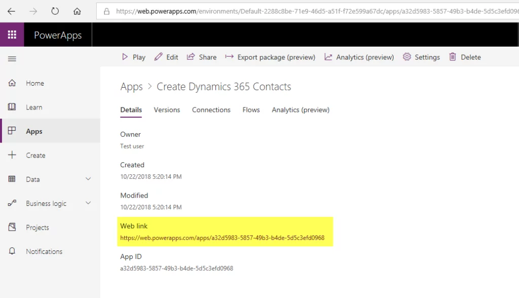 Infographics show the open PowerApps weblinks