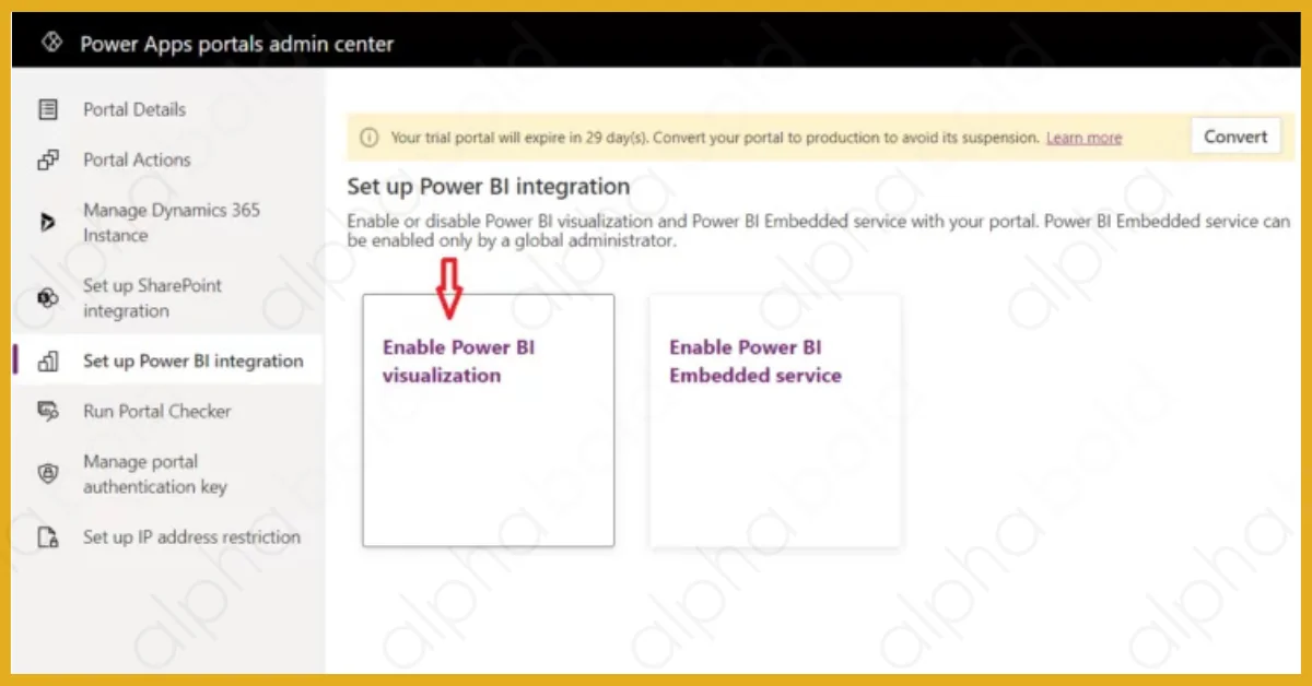 Infographic shows the Set up Power BI Integration and click Enable Power BI visualization