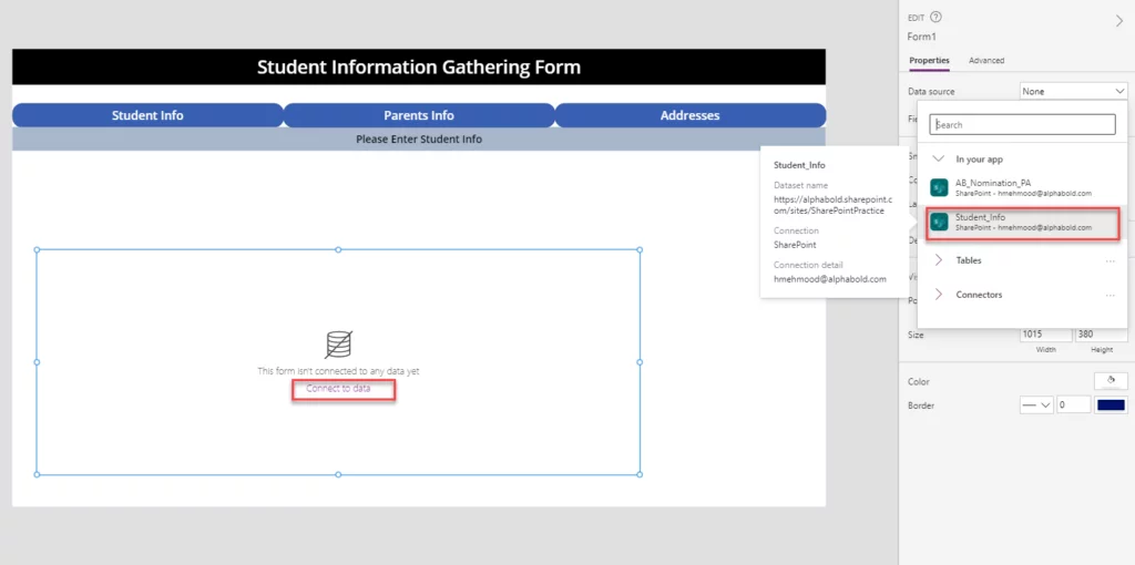 Infographics show how to Connect the form to the “Student_Info” list