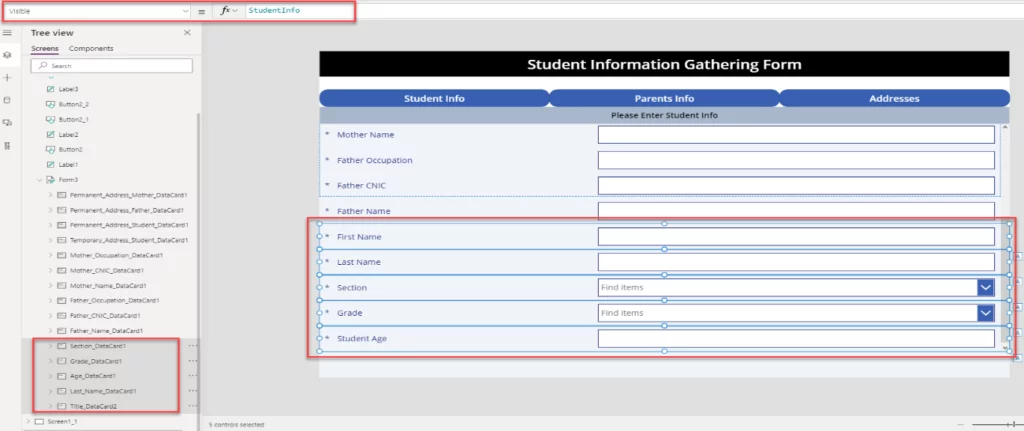 Infographics show Set the “Visible” property of the cards that deal with Student Info to “StudentInfo”