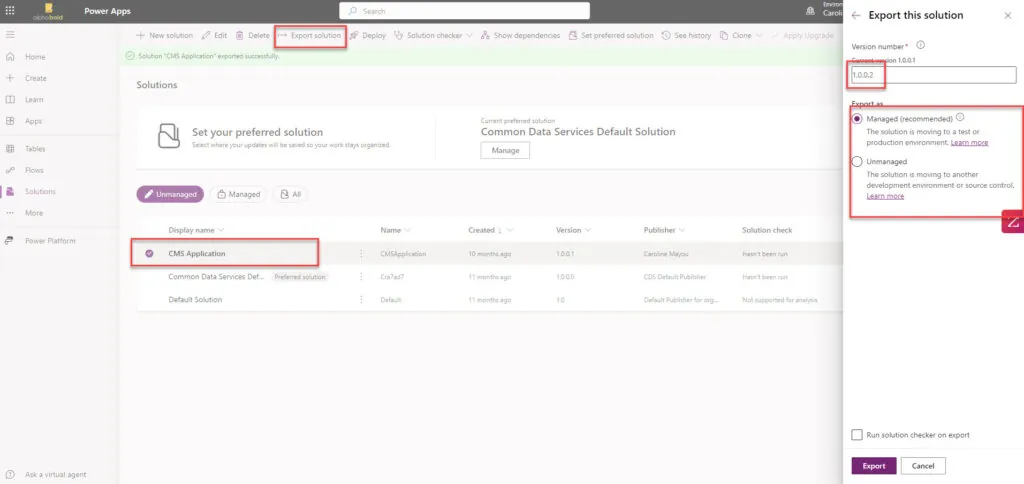 Infographics show the Export Solution in Migrating a Power Apps form