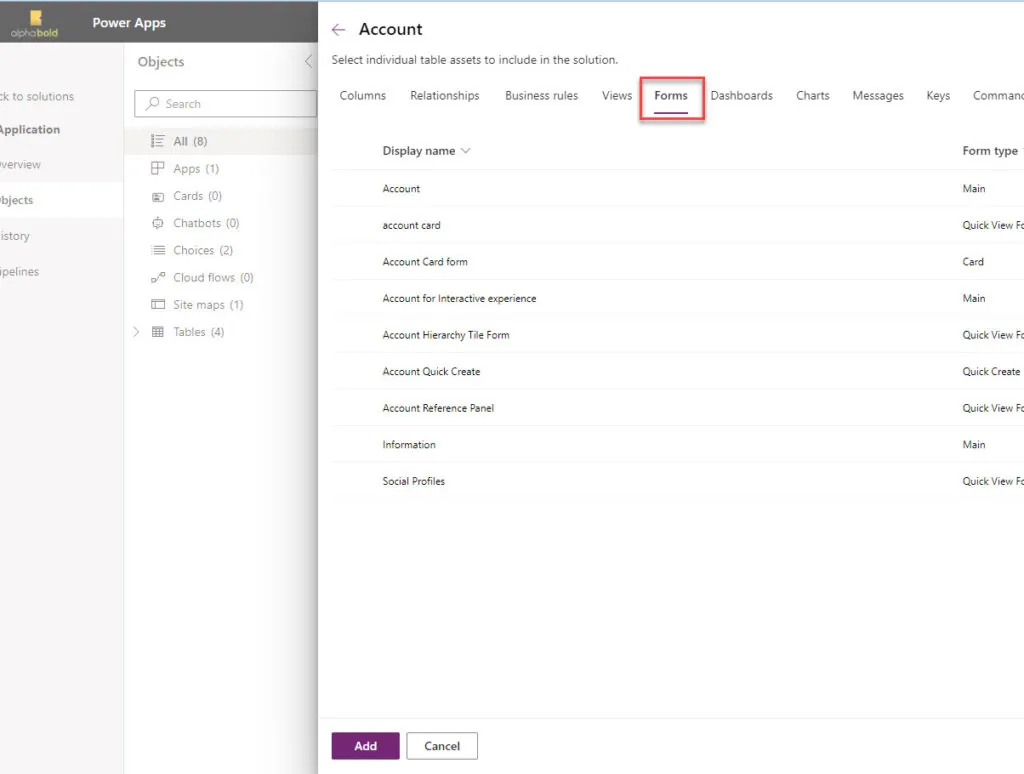 Select the Form to Add to PowerApps Solution