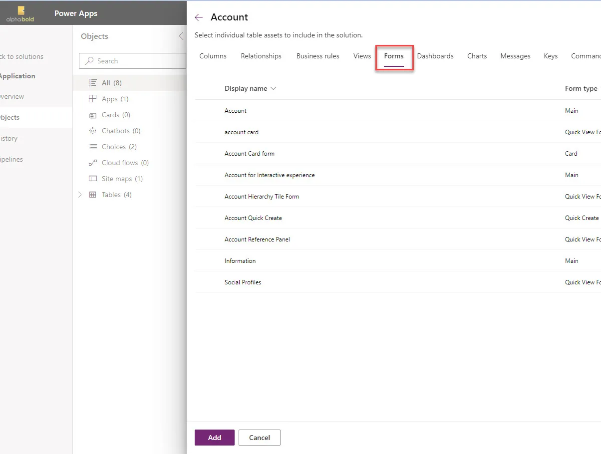 Select the Form to Add to PowerApps Solution