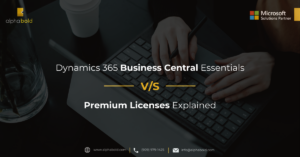 Infographics show the Dynamics 365 Business Central Essentials vs. Premium Licenses