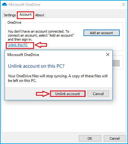 Infographics show the Unlink and Connect Your OneDrive Account