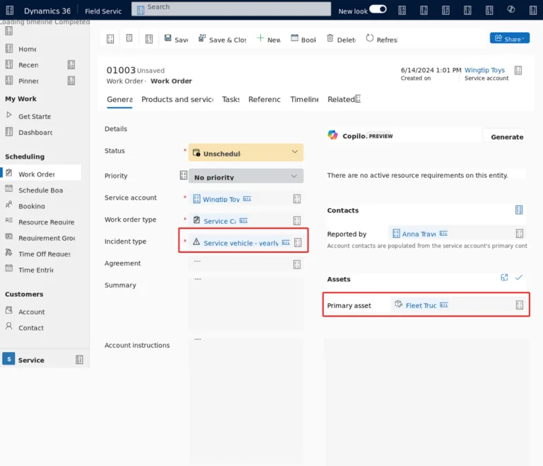 The image shows Build a service history for assets - Dynamics 365 Field Service