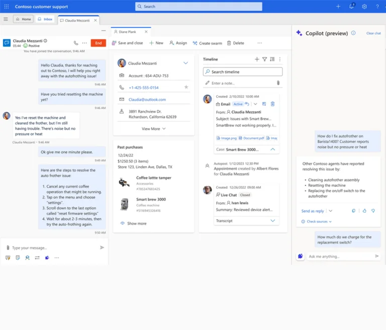 The image shows the Dynamics 365 Customer Service Copilot