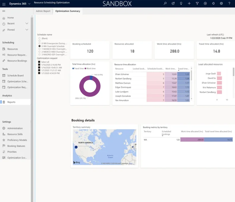 The infographic shows the Resource Scheduling Optimization Admin Report - Dynamics 365 Field Service