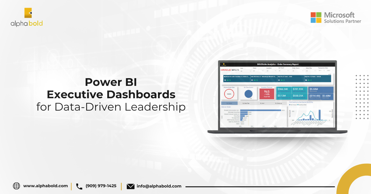 Infographics show the Power BI Executive Dashboards for Data-Driven Leadership