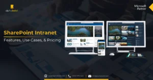 Infographics show the SharePoint Intranet Features, Use Cases, & Pricing